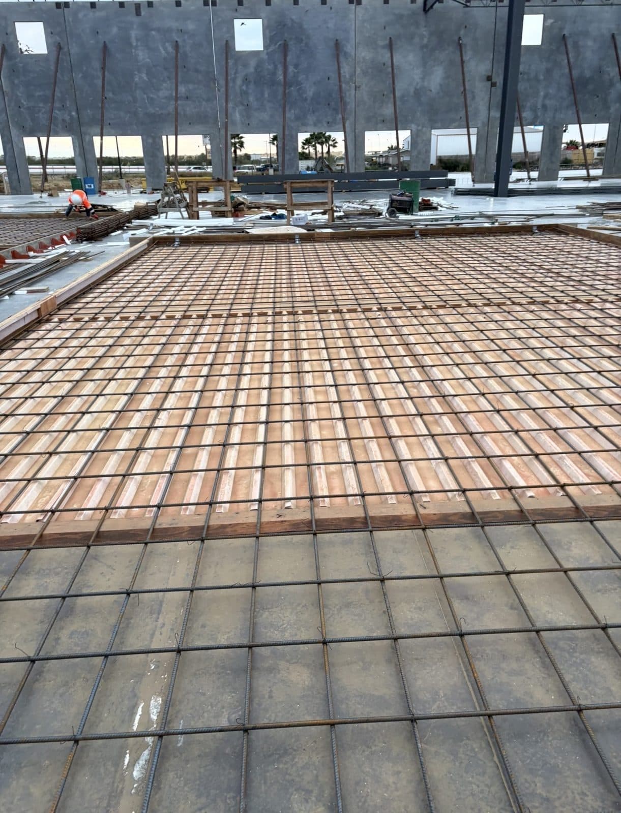Steel rebar grid prepared and spaced before a concrete pour